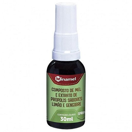 COMPOSTO DE MEL E EXTRATO DE PRÓPOLIS - SABORES LIMAO E GENGIBRE - MINAMEL - 30ml SPRAY (VERDE)