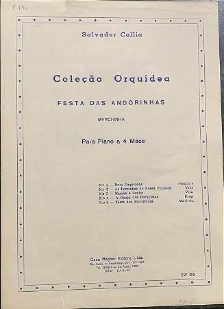 FESTA DAS ANDORINHAS - partitura para piano a 4 mãos - Salvador Callia