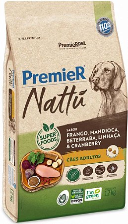 Ração Premier Nattu Cães Adultos de Raças Médias e Grandes Sabor Mandioca 12kg