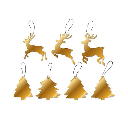 Enfeites Árvore de Natal - RENAS E ÁRVORES (em acrílico espelhado dourado)