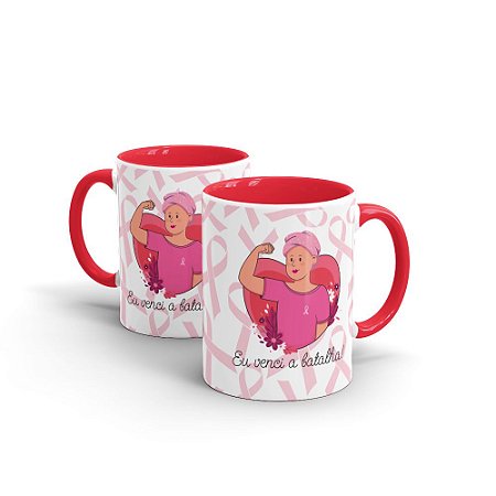 Caneca Cerâmica - Outubro Rosa -  Eu Venci - Alça Vermelha