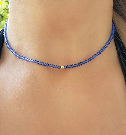 Colar Choker Cristal Azul e Bola Dourada