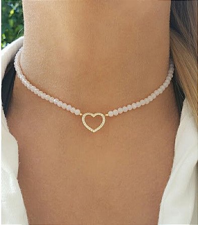 Colar Choker Cristal Rosa e Coração Vazado Cravejado