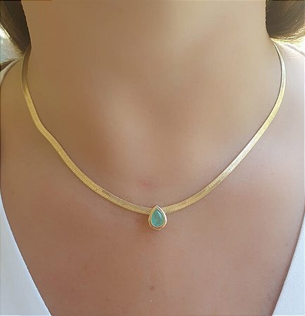 Colar Choker Snake Pingente Gota banhado à Ouro 18k