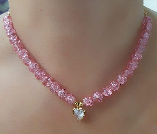 Choker Coração com Pedras Rosa