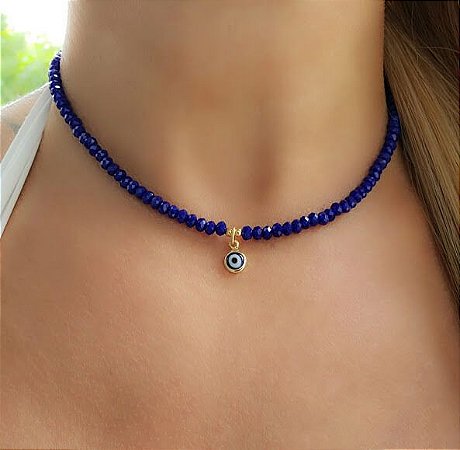 Colar Choker com Cristal Azul e Olho Grego