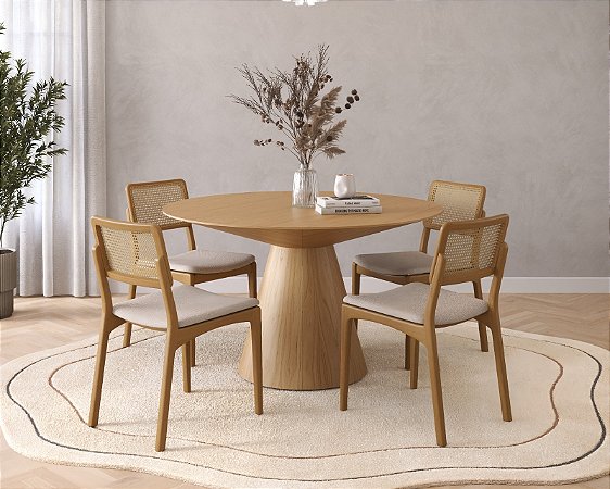 Conjunto Mesa Capri 1,30 cm com 4 Cadeiras em Madeira Tauari e Palha