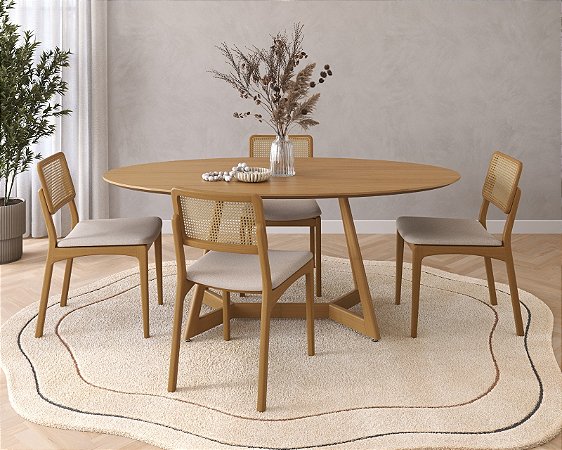 Conjunto Mesa Orion 1,80 com 4 cadeiras em madeira tauari e palha