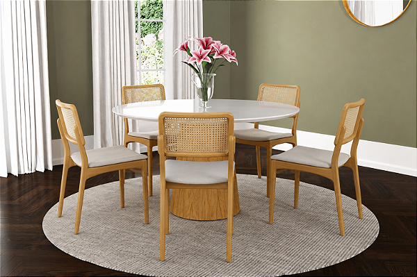Conjunto Mesa Maya 1,50 e 7 Cadeiras Cinamomo Tecido Bege (5 Cadeiras produção + 2 Loja)