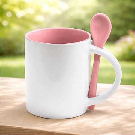 Caneca de Porcelana com Colher Rosa - Sublimação