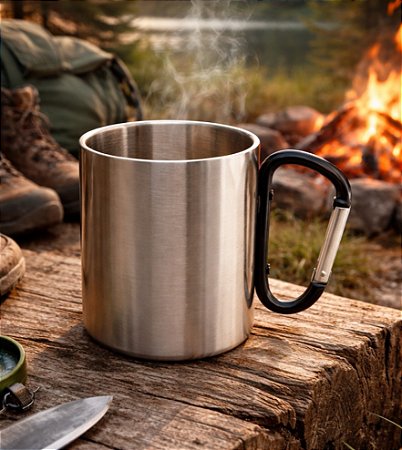 Caneca Aço Inox Alça Mosquetão 300ml p/ Sublimação - Metalnox