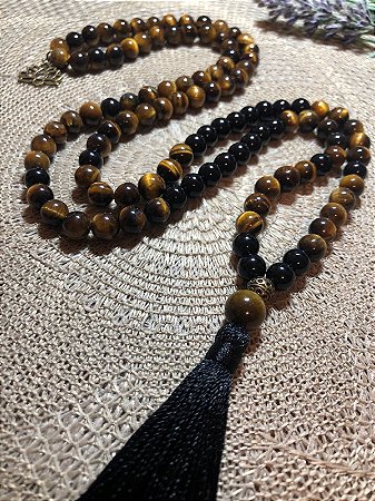 Japamala 108 Contas Olho de Tigre e Ônix Negra para Proteção e Prosperidade