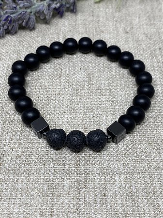 Pulseira Pedras Ônix, Vulcânica e Hematita Proteção Força e Foco