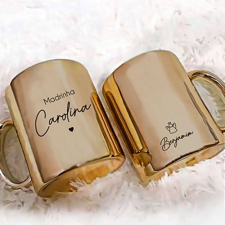 Caneca Madrinha e Padrinho Batismo Metalizada Dourada Personalizada