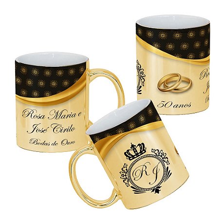 Caneca Bodas de Ouro 50 Anos de Casamento, Nome do Casal,  Kit Com 2 un.