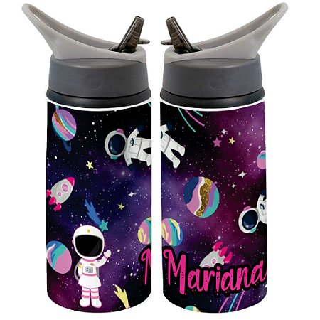 Garrafa Squeeze Astronauta Espacial Planetas Rosa Personalizada com Nome