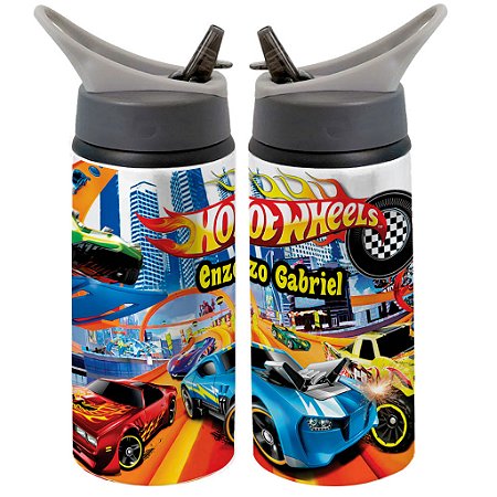 Garrafa Squeeze Hot Wheels Carros Infantil Personalizada com Nome