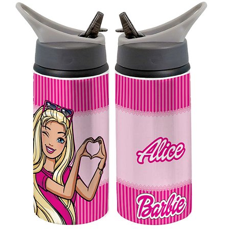 Garrafa Squeeze Barbie Alumínio Infantil Personalizada com Nome 01