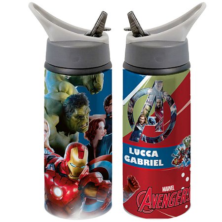 Garrafa Squeeze Os Vingadores Marvel Com Nome Desenho Infantil Personalizada