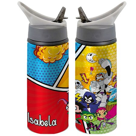 Garrafa Squeeze Jovens Titãs Com Nome Desenho Infantil Personalizada Com Nome