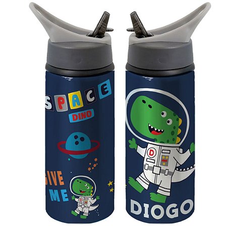 Garrafa Squeeze Dinossauro Astronauta Infantil Com Nome Personalizado