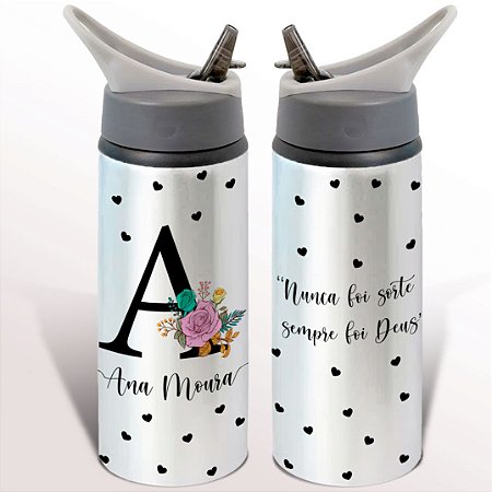 Garrafa Squeeze Alfabeto Floral com Frase Motivacional Nunca Foi Sorte Sempre Foi Deus Com Nome Personalizado