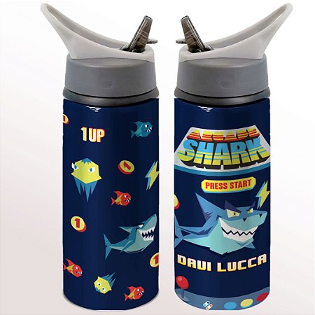 Garrafa Squeeze Tubarão Play Game Shark Arcade Infantil Escolar Com Nome Personalizado