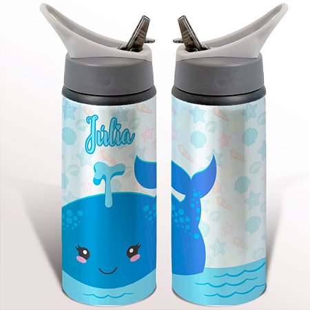 Garrafa Squeeze Baleia Fundo do Mar Infantil Com Nome Personalizado