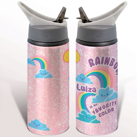 Garrafa Squeeze Rainbow Sunshine Arco íris Nuvenzinha Infantil Com Nome Personalizado