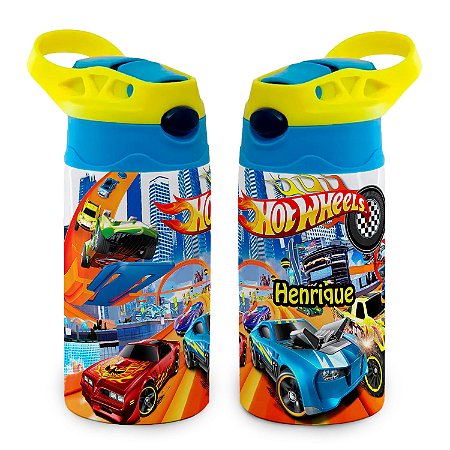 Garrafa Hot Wheels Carros Azul Térmica Bico de Silicone