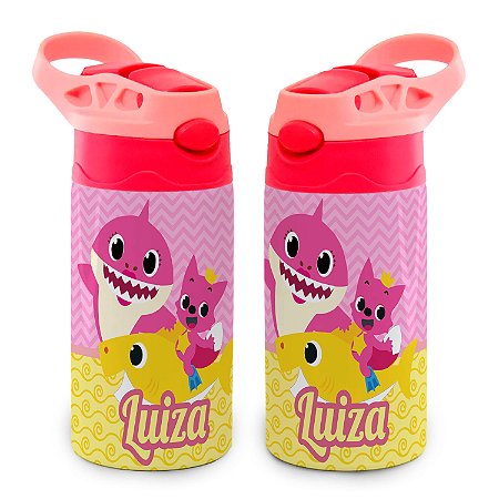 Garrafa Baby Shark Rosa Térmica Bico de Silicone com Nome