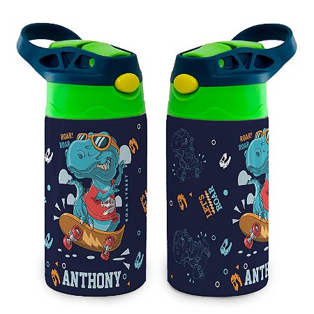 Garrafa Dinossauro Skate Térmica Bico de Silicone com Nome