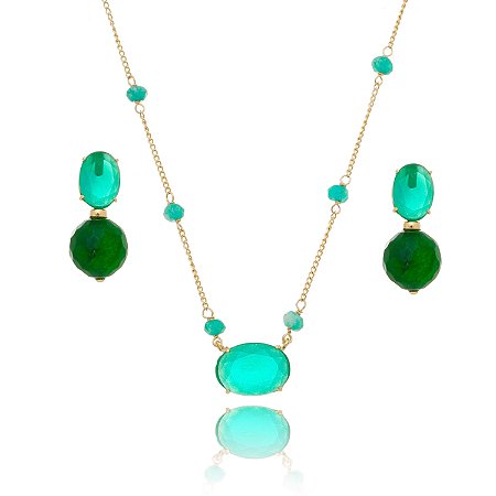 Conjunto Colar E Brinco Verde Turmalina Esmeralda Banho Ouro