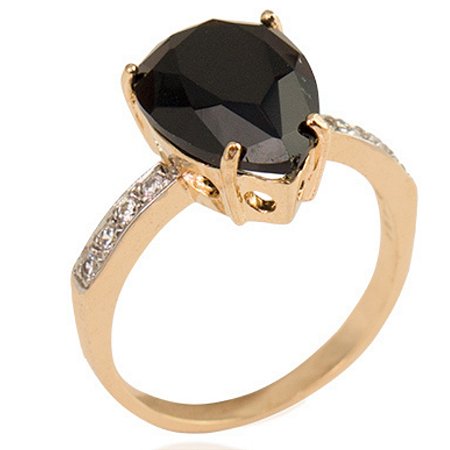 Anel Solitário Gota Cristal Preto Onix Banhado a Ouro Luxo