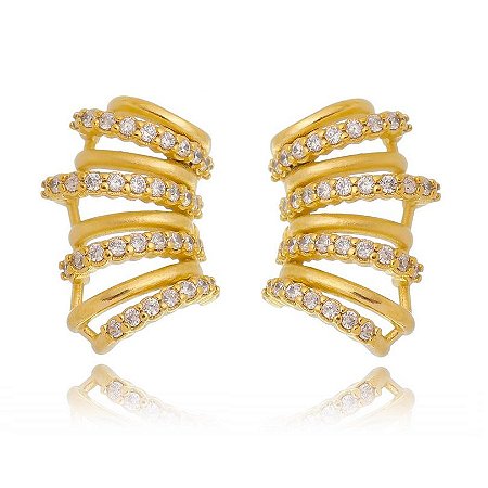 Brinco Ear Cuff com Aros Cravejados Folheado a Ouro Moderno