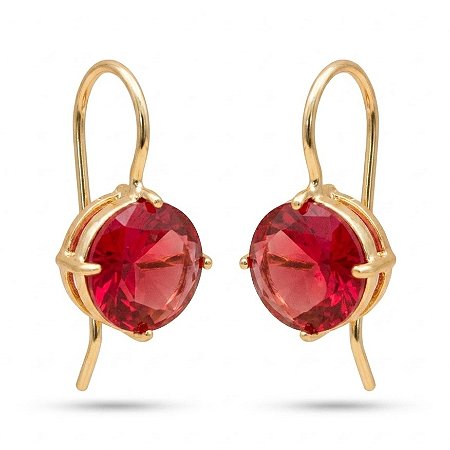 Brinco Anzol Zirconia Redonda Vermelho Banhado a Ouro