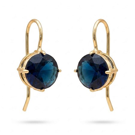 Brinco Anzol Zirconia Redonda Azul Banhado a Ouro