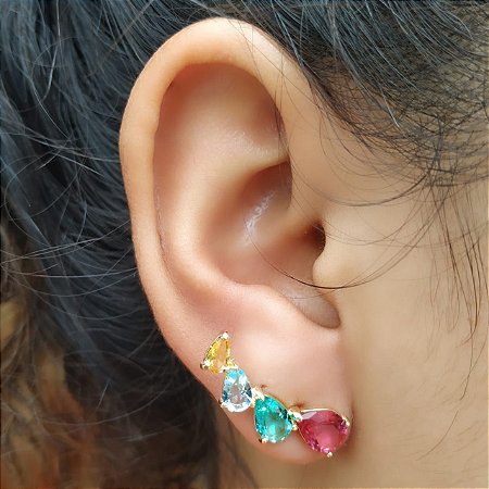 Brinco Ear Cuff Pedras de Zirconias Coloridas Banhado a Ouro