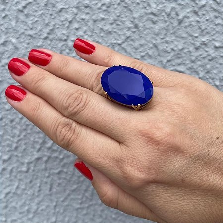 Anel Pedra Oval Azul Maxi Grande Banhado a Ouro 18k