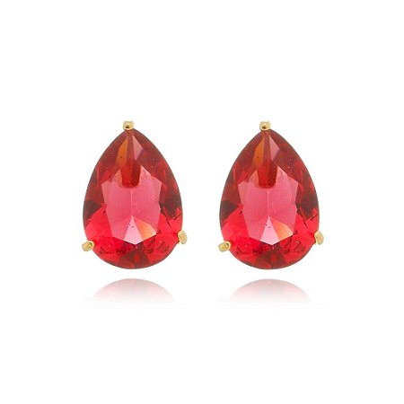 Brinco Solitario Gota Cristal Vermelho Rubelita Banhado Ouro