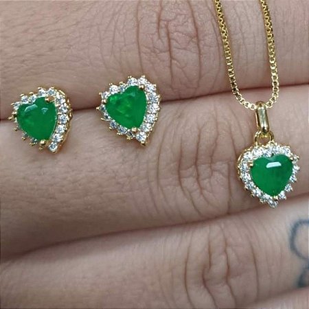 Conjunto Coração Colar Brinco Fusion Esmeralda Banhado Ouro