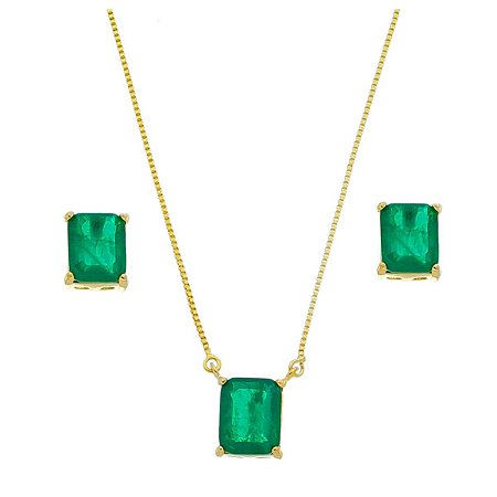 Conjunto Colar e Brinco Pedra Verde Esmeralda Banhado a Ouro Luxo - Shelook  Semijoias - As melhores Semijoias