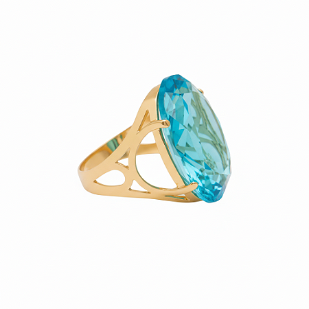 Anel Pedra Oval Grande Azul Celeste Banhado a Ouro 18k Luxo