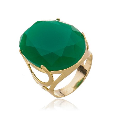 Anel Pedra Oval Grande Verde Banhado a Ouro 18k Luxo