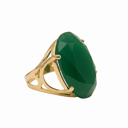 Anel Pedra Oval Grande Verde Banhado a Ouro 18k Luxo