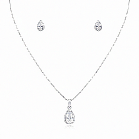 Conjunto Colar e Brinco Gota Branco Cristal Prata Fina 925