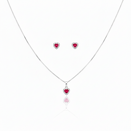Conjunto Colar e Brinco Coração Rosa Cristal Prata Fina 925