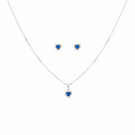 Conjunto Colar E Brinco Coração Azul Marinho Prata Fina 925