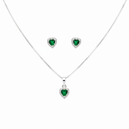 Conjunto Colar Brinco Coração Esmeralda Cristal Prata 925 Kit