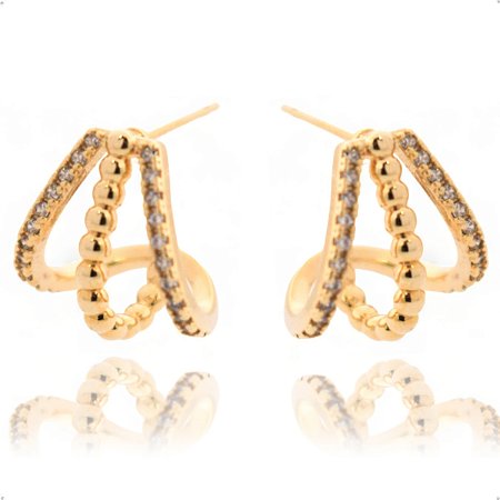 Brinco Argola Tripa Bolinha Cravejado Dourado Banhado a Ouro